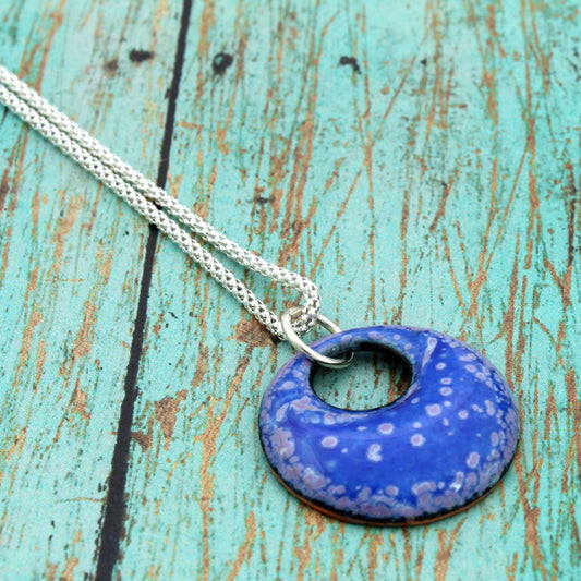 Deep blue enamel pendant with sterling bail and chain, featuring soft circular texture