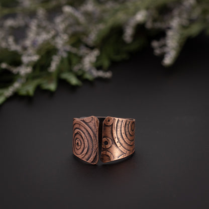 Etched copper ring with spiral pattern, size 9, sealed finish