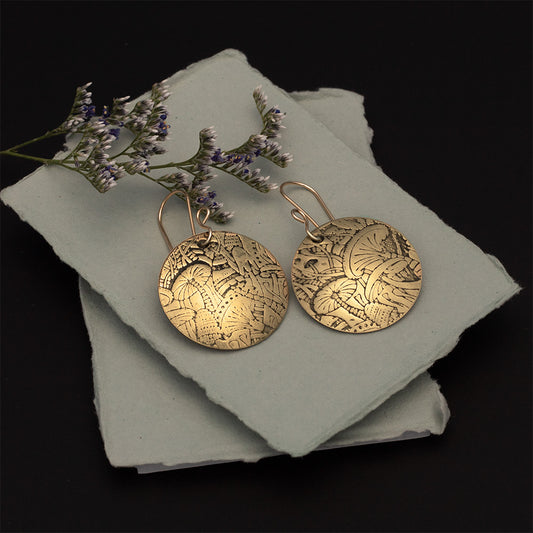 Brass mushroom etched earrings with 14k gold filled ear wires, nature-inspired jewelry