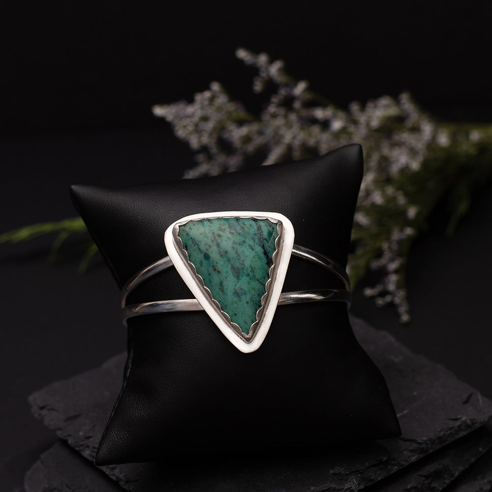 Chrysocolla sterling silver cuff bracelet with triangular green stone, 6.5 inch cuff with 1 inch gap, handmade by Divella Designs in Vermont.