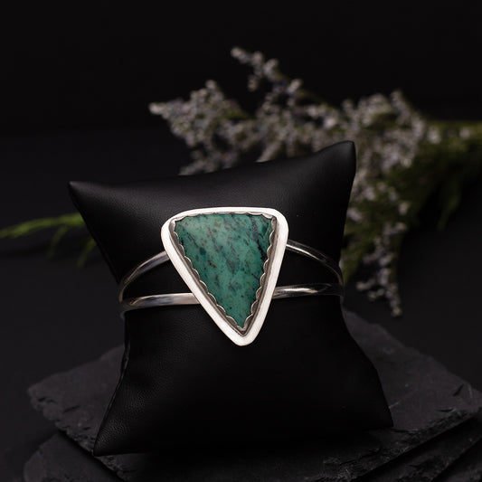 Chrysocolla sterling silver cuff bracelet with triangular green stone, 6.5 inch cuff with 1 inch gap, handmade by Divella Designs in Vermont.