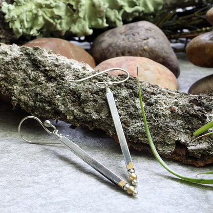 Long silver and gold Keum Boo earrings with sterling ear wires