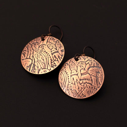 Copper mushroom etched earrings with hypoallergenic niobium ear wires, nature-inspired jewelry