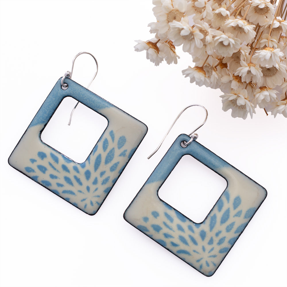 Blue and ivory square openwork enamel earrings handmade in Vermont with kiln-fired enamel on copper and sterling silver ear wires