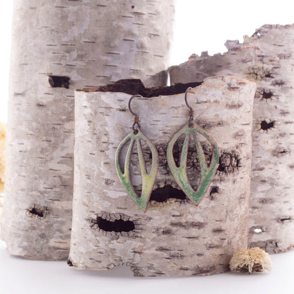Green enamel leaf-shaped earrings with openwork design and sterling silver ear wires.