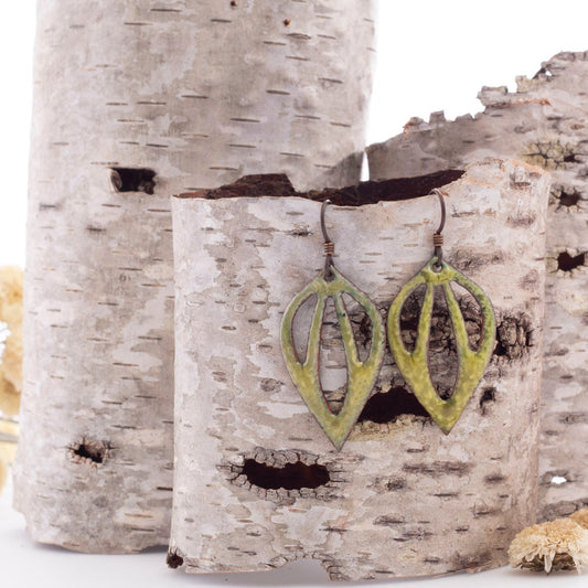 Green enamel leaf-shaped earrings with openwork design and sterling silver ear wires