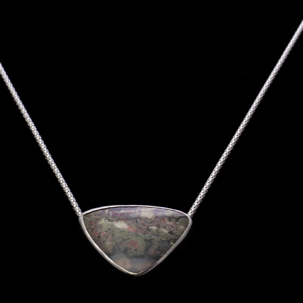 Dendritic agate sterling silver necklace with 1 x 1 5/8 inch pendant and 18 inch sterling silver chain, handmade by Divella Designs in Vermont.