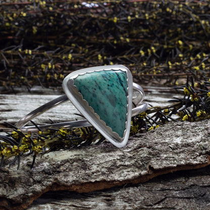 Handmade sterling silver cuff bracelet with triangular chrysocolla stone, fine silver bezel, artisan made in Vermont.