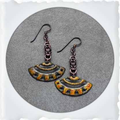 Enameled copper earrings with cutout fan design, chain links, and niobium ear wires