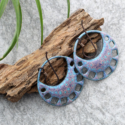 Colorful enamel hoop earrings with openwork design and niobium ear wires