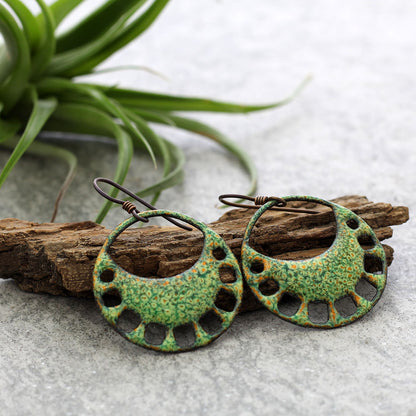 Colorful enamel hoop earrings with openwork design and niobium ear wires