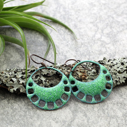 Colorful enamel hoop earrings with openwork design and niobium ear wires