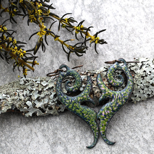 Green, Blue & Pink fern-inspired earrings with niobium ear wires