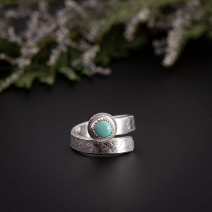 Adjustable sterling silver wrap ring with 15mm Manassa turquoise stone, handmade textured band