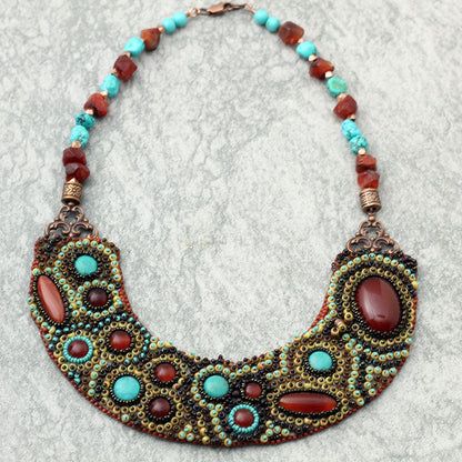 Turquoise & Carnelian Bib Necklace: Hand embroidered with genuine turquoise and carnelian stones.