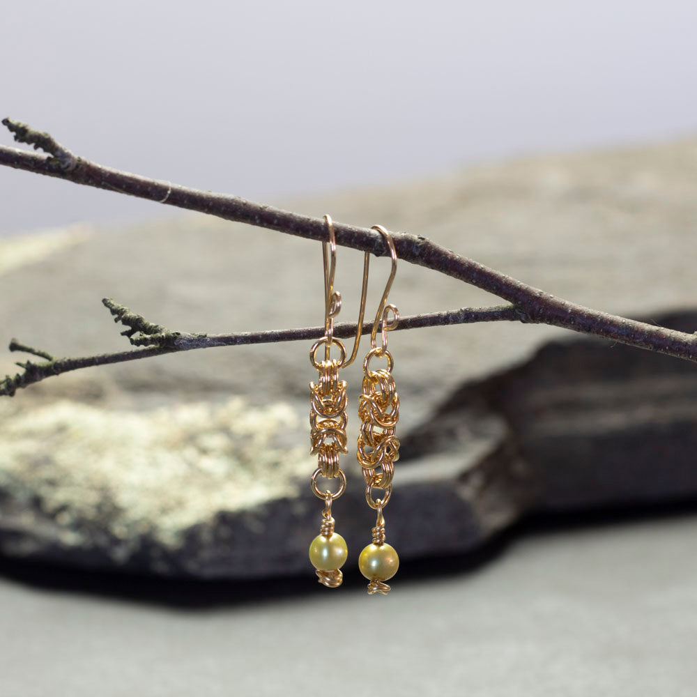 Brass chainmail earrings with green freshwater pearls and gold filled ear wires