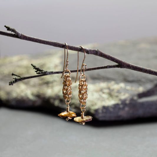Brass chainmail earrings with gold keshi pearls and gold filled ear wires