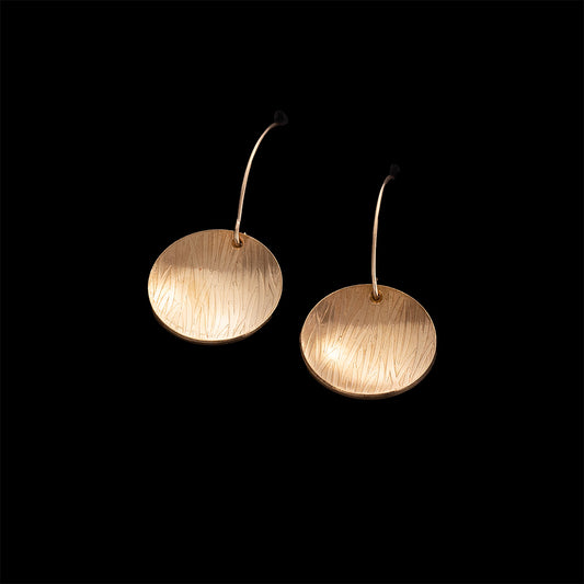 Brass disc earrings with 14k gold filled ear wires and etched texture, ¾ inch round