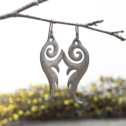 Enameled copper earrings with textured scroll design and niobium ear wires