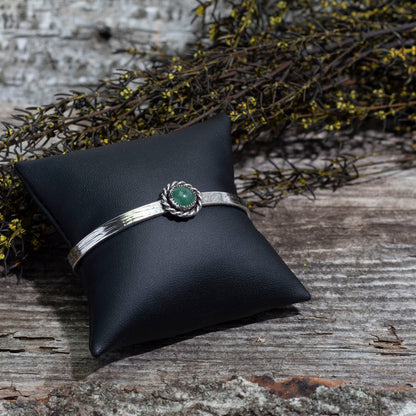 Sterling silver cuff with green aventurine stone, handmade bracelet, adjustable fit, Vermont artisan jewelry