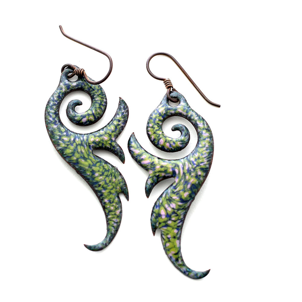 Green, Blue & Pink fern-inspired earrings with niobium ear wires