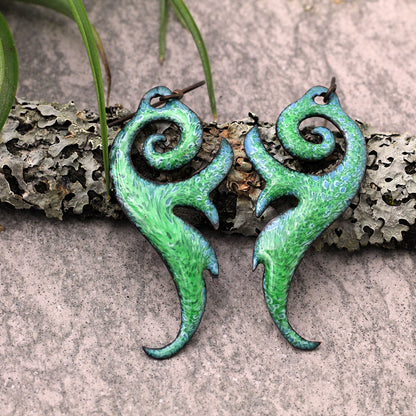 Green enamel fern-inspired earrings with niobium ear wires