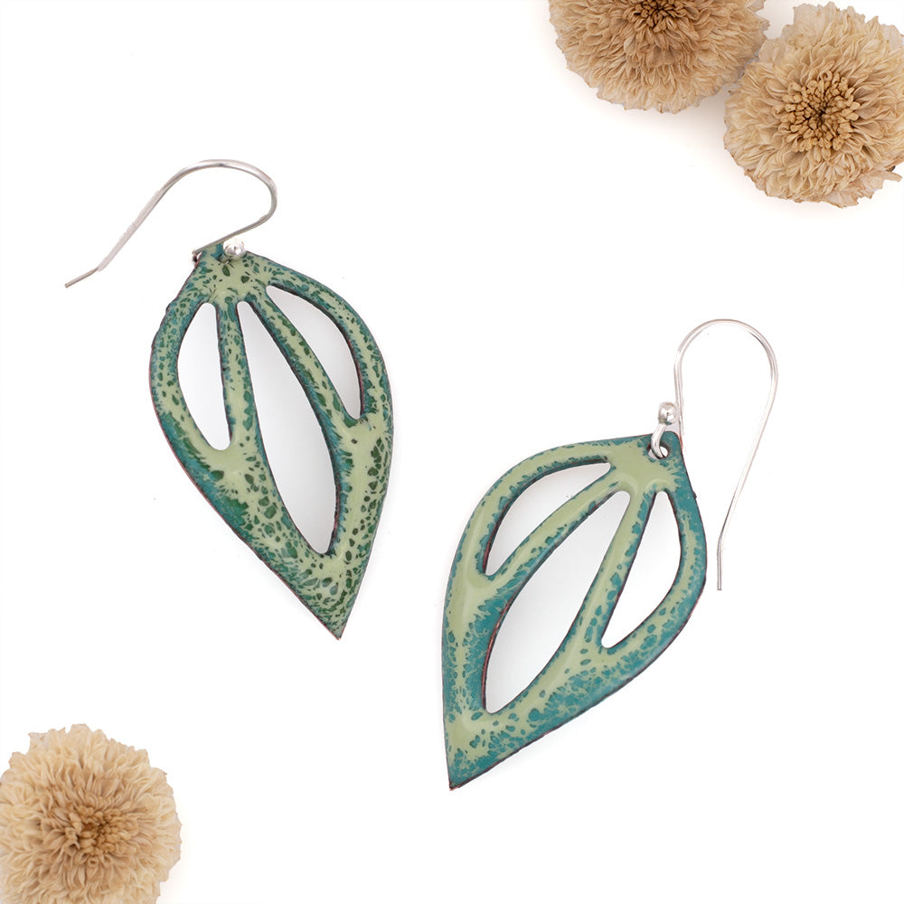 Green enamel leaf-shaped earrings with openwork design and sterling silver ear wires