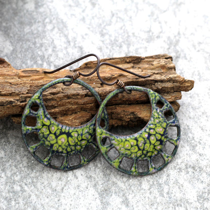 Colorful enamel hoop earrings with openwork design and niobium ear wires