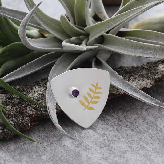 Sterling silver pendant with 24k gold fern, amethyst gemstone, and large bail