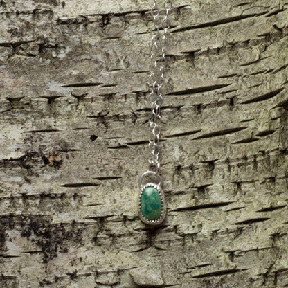 Sterling silver necklace with King’s Manassa turquoise pendant, handmade minimalist jewelry on 18-inch chain