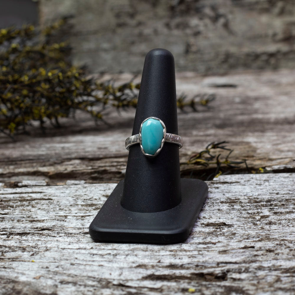 Sterling silver ring with King’s Mine turquoise in scalloped bezel on textured band, handmade size 8 ring