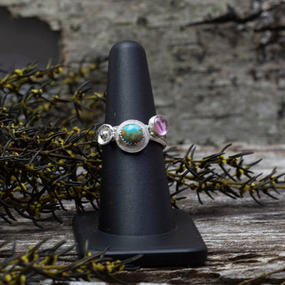 Sterling silver stacker rings with turquoise, pink sapphire, and silver accents, handmade size 7 ring set.