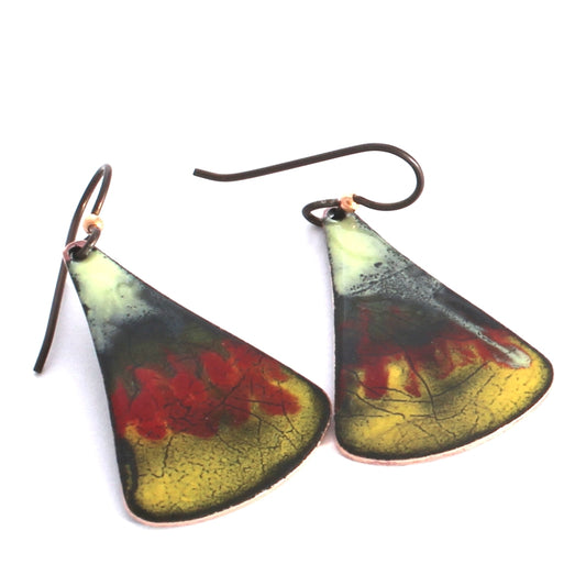 Red and yellow enamel earrings with lava-inspired pattern and niobium ear wires
