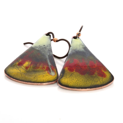 Red and yellow enamel earrings with lava-inspired pattern and niobium ear wires