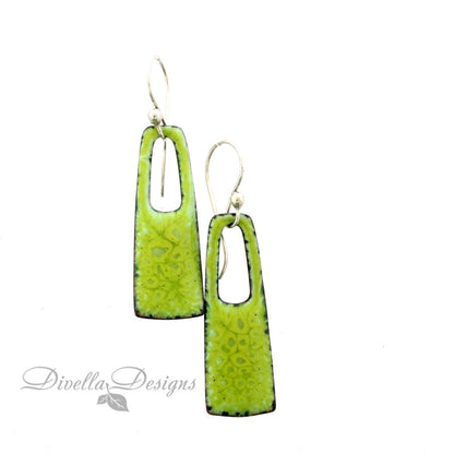 Bright green enamel earrings with cutout design and sterling ear wires