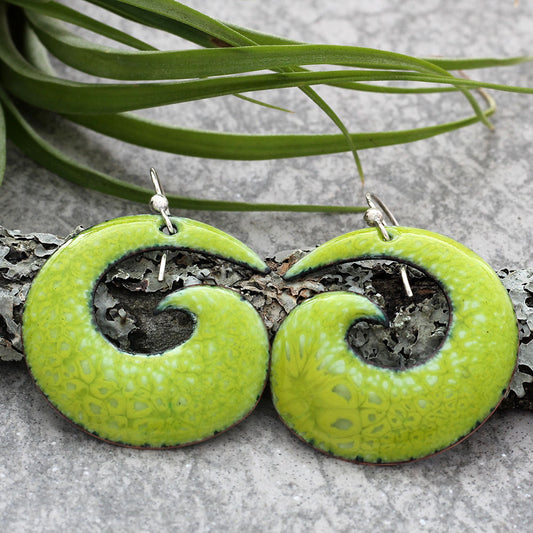 Bright green spiral enamel earrings with sterling silver ear wires