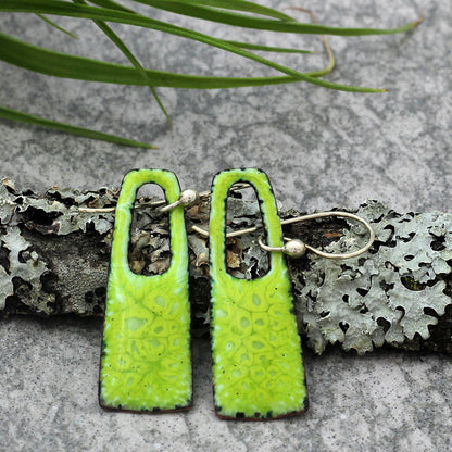 Bright green enamel earrings with cutout design and sterling ear wires