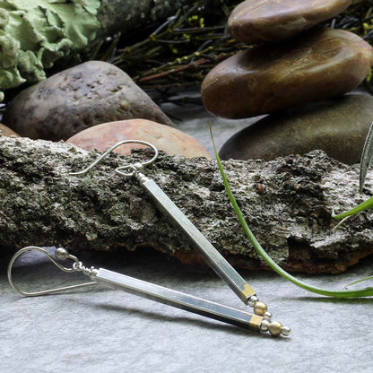 Long silver and gold Keum Boo earrings with sterling ear wires