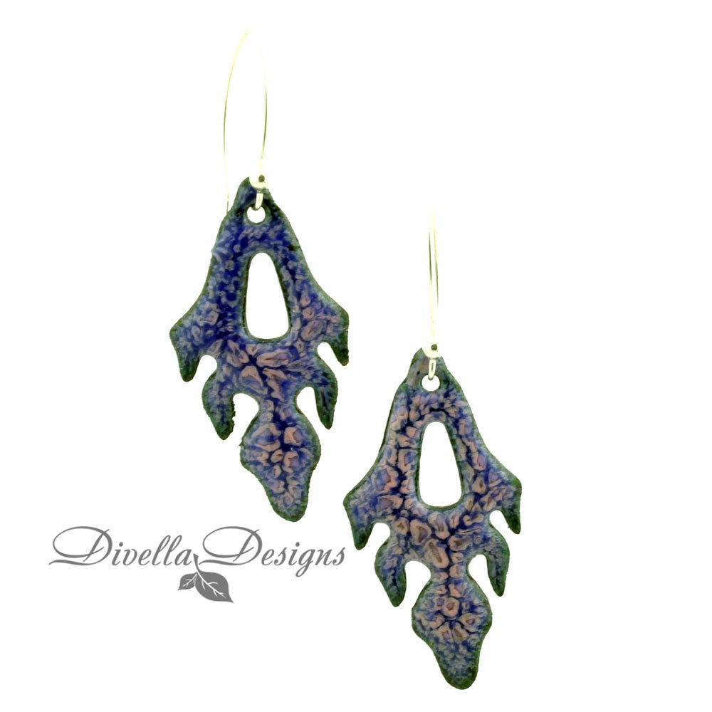 Purple and pink enamel earrings with organic cutouts on sterling silver ear wires