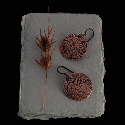 Copper mushroom etched earrings with hypoallergenic niobium ear wires, nature-inspired jewelry