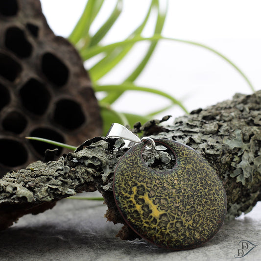 Textured lichen-inspired enamel pendant with sterling silver bail