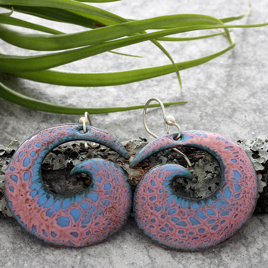 Pink and blue enamel spiral earrings with sterling silver ear wires