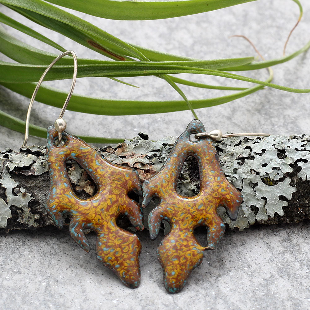 Textured enamel earrings with abstract leaf shape on niobium ear wires