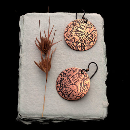 Copper mushroom etched earrings with niobium ear wires, nature-inspired jewelry