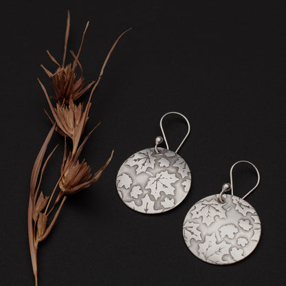 Sterling silver earrings with etched oak and maple leaf pattern, inspired by Vermont forests