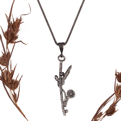 Sterling silver wildflower twig pendant necklace, hand-carved and fused botanical jewelry with oxidized finish.