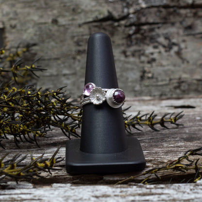 Sterling silver stacker rings with star ruby, pink sapphire, and floral accent, handmade size 8 ring set