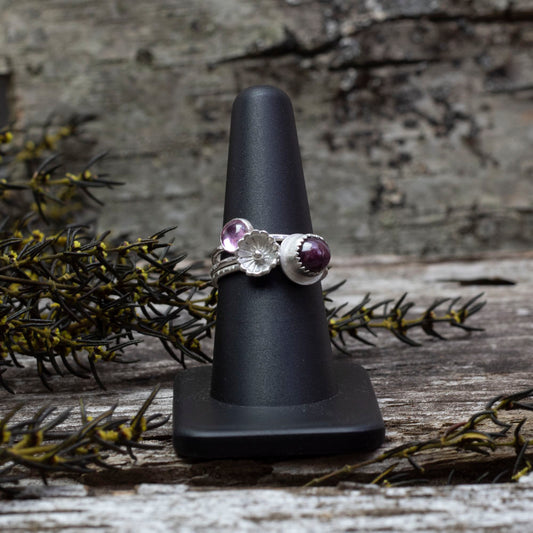 Sterling silver stacker rings with star ruby, pink sapphire, and floral accent, handmade size 8 ring set