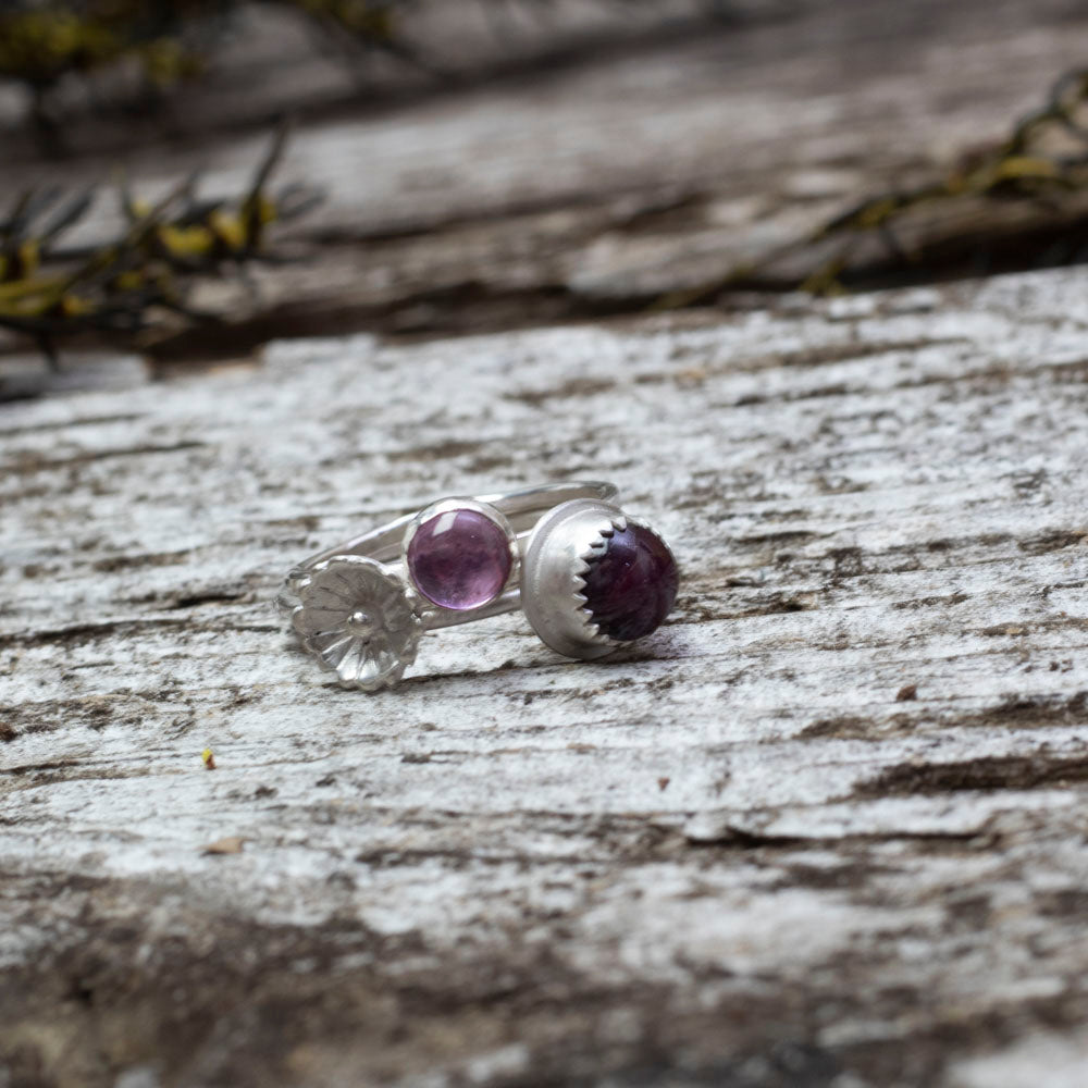 Sterling silver stacker rings with star ruby, pink sapphire, and floral accent, handmade size 8 ring set