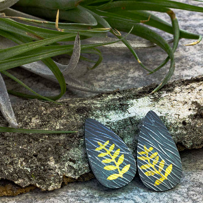Sterling silver and 24k gold Keum Boo earrings with fern design and sterling silver posts, handmade by Divella Designs in Vermont.